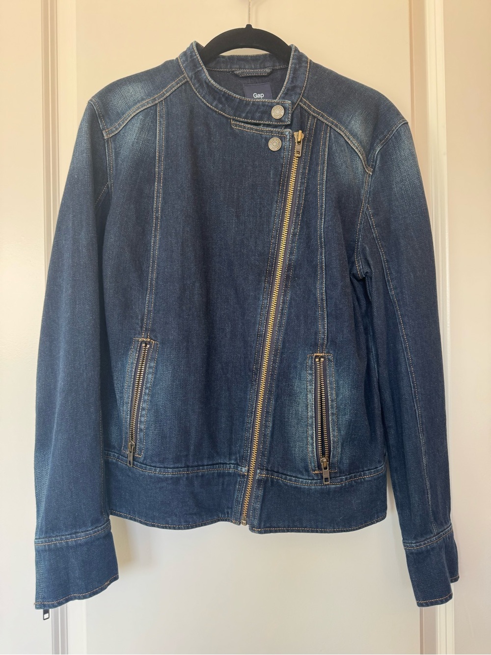 NWT GAP Factory Dark Blue Denim Moto Jacket with Gold Hardware Women’s